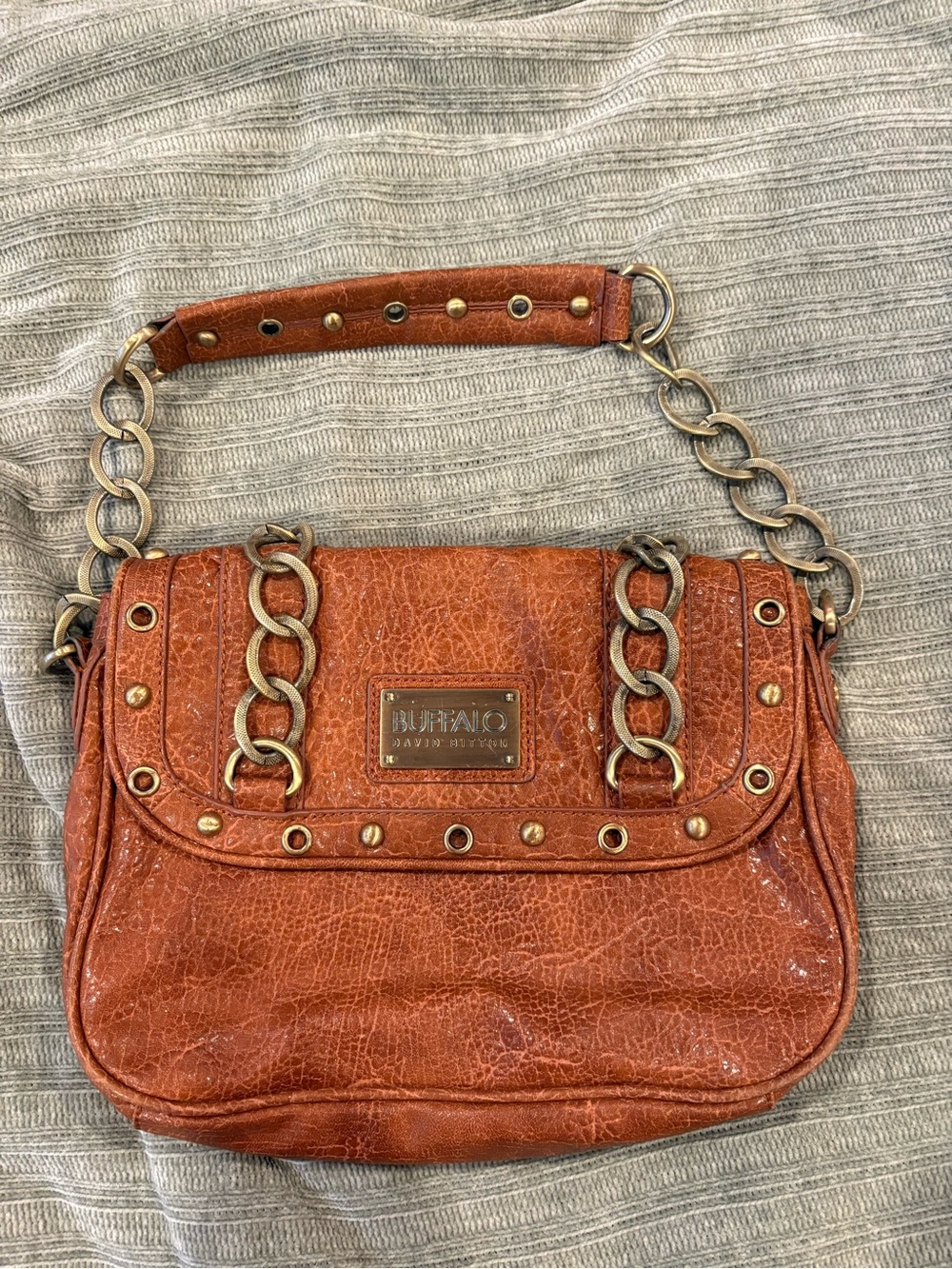 Buffalo David Bitton Rust Brown Leather Chain-Accent Shoulder Bag